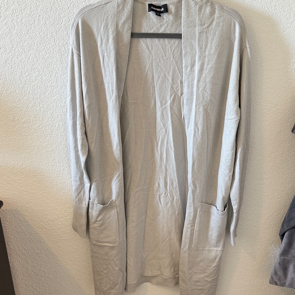 Long Light Gray Open Front Cardigan